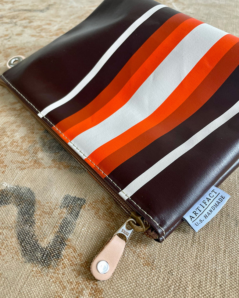 Zip Pouch in Antique Upcycled Awning Cloth - Brown 70's Stripe